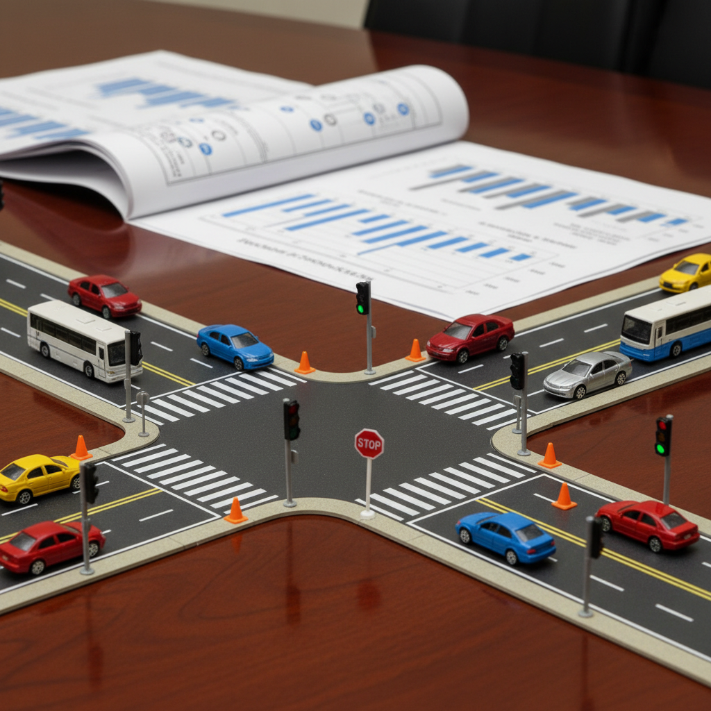 A close-up, photographic image of a meticulously detailed model intersection on a dark wooden conference table, with miniature roads, zebra crossings, traffic lights, reflective lane markings, and toy vehicles in realistic colors. Small orange safety cones and a vivid red STOP sign add emphasis on safety education. Behind the model, out of focus, lie open technical documents with diagrams of traffic flow and accident statistics. Soft studio lighting from the upper left creates gentle shadows and highlights textures of paper, plastic, and wood. Captured from a slightly elevated angle with shallow depth of field that keeps the model sharp and background blurred, the mood is analytical and educational, perfect for illustrating expert traffic safety planning.