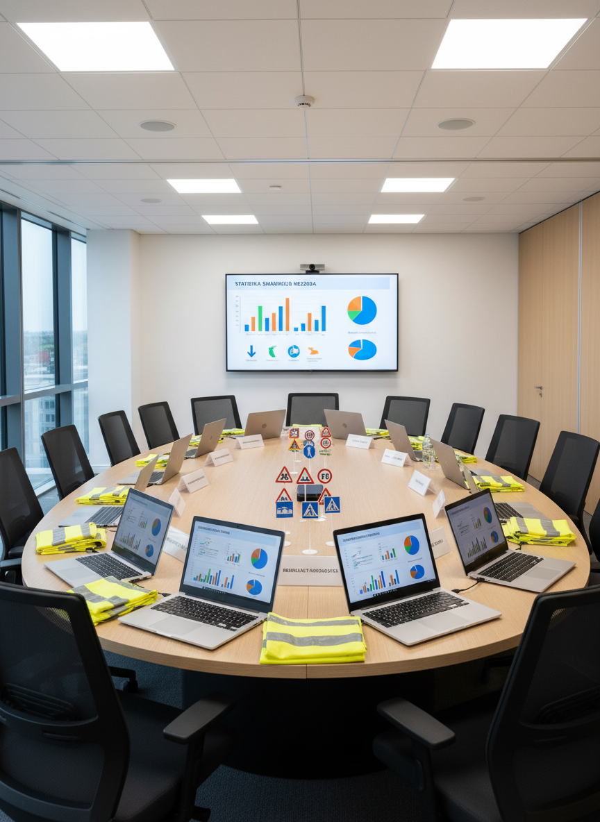 A professional meeting setup for a traffic safety symposium, featuring a large oval conference table of light oak, surrounded by empty ergonomic chairs in dark fabric, no people present. On the table lie neatly arranged nameplates with only role titles (like “Predavač,” “Moderator”), open laptops displaying colorful road safety charts, reflective high-visibility vests folded neatly, and a row of small, detailed model traffic signs. At the far end, a wall-mounted wide screen shows a clear infographic of accident reduction statistics in blues and oranges. The room is illuminated by soft, even ceiling lights and natural daylight from tall side windows, creating a clear, focused atmosphere. Photographic realism, eye-level composition, conveying collaboration, expertise, and strategic planning for safer roads.