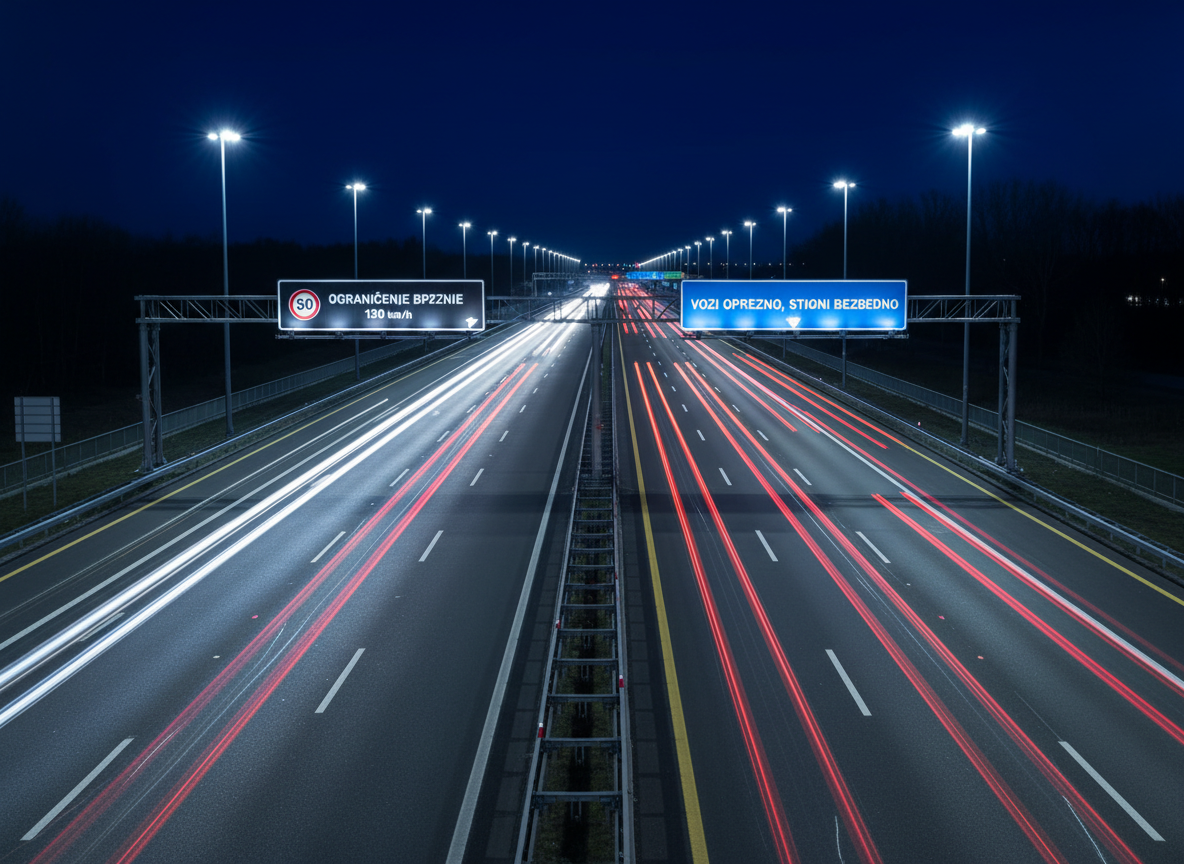 A nighttime highway scene captured in photographic realism from an elevated, slightly diagonal angle, showing multiple lanes with clearly painted white and yellow markings, reflective lane separators, and illuminated overhead traffic signs about speed limits and safety messages in Serbian. Long-exposure light trails from vehicles streak in red and white, but no cars are visible as distinct objects, emphasizing infrastructure rather than drivers. Tall, evenly spaced streetlights cast a cool, consistent glow, creating rhythmic patterns of light and shadow on the asphalt. The sky is a deep navy blue, adding contrast to the bright roadway. The composition uses leading lines drawing the eye into the distance, conveying modernity, precision, and the continuous effort to improve road safety.